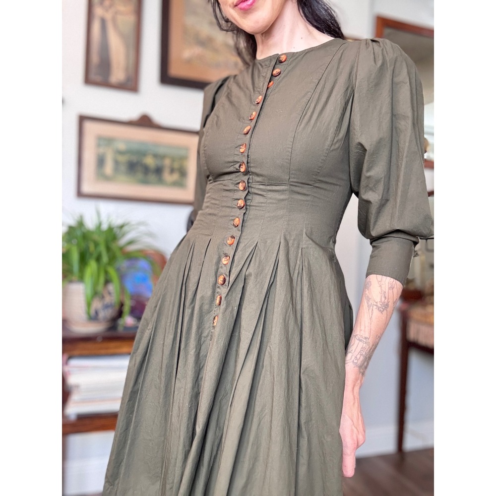 Ulla Johnson Olive Green Cotton Poplin Button Front Pleated Midi Dress Pockets 0 - Picture 6 of 8